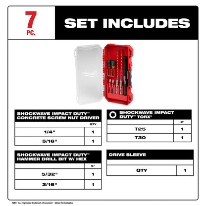 Milwaukee 48-20-9097 7pc SHOCKWAVE Impact Duty Carbide Hammer Drill Bit Concrete Screw Install Set