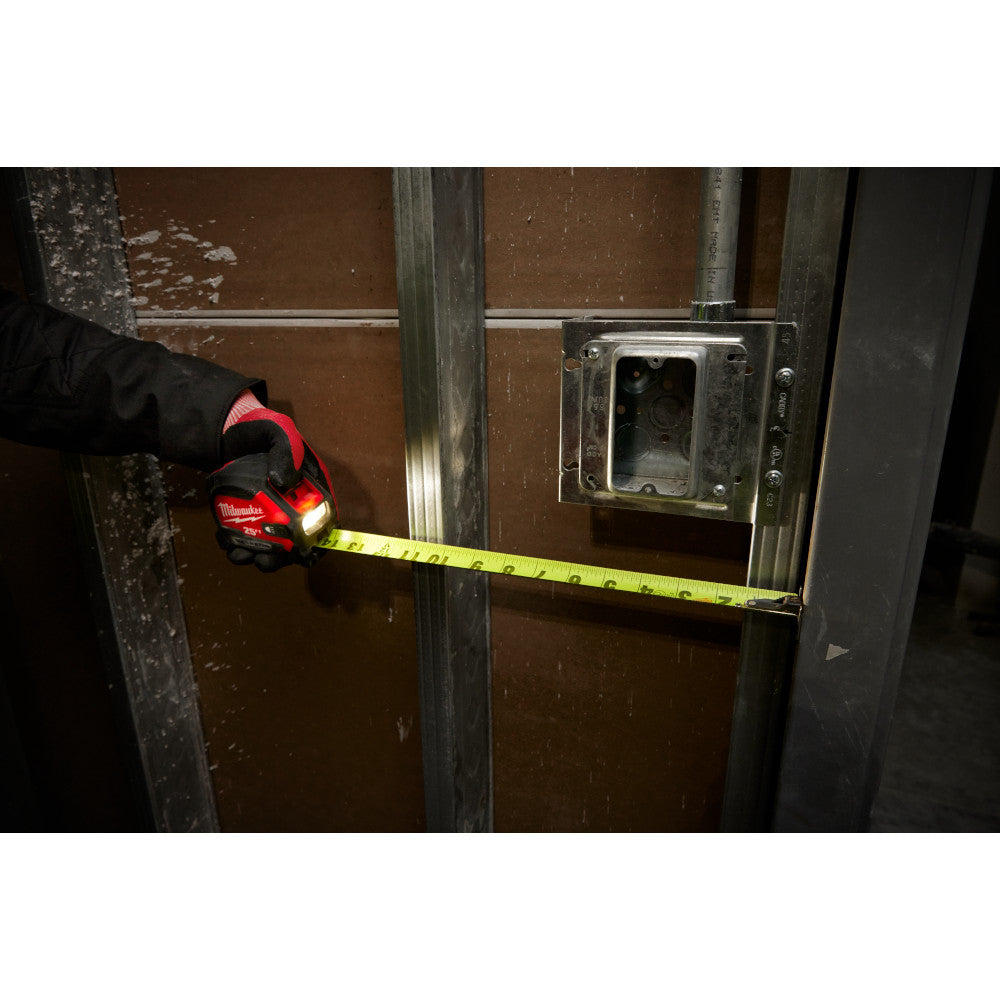 Milwaukee 48-22-0428 25' Compact Wide Blade Magnetic Tape Measure with Rechargeable 100 Lumen Light