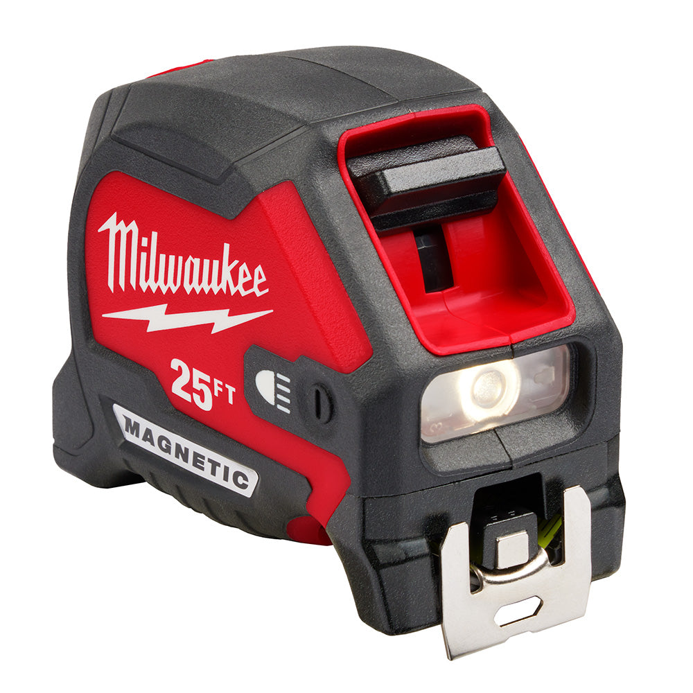 Milwaukee 48-22-0428 25' Compact Wide Blade Magnetic Tape Measure with Rechargeable 100 Lumen Light