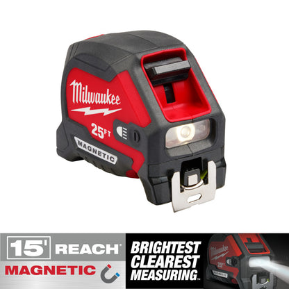 Milwaukee 48-22-0428 25' Compact Wide Blade Magnetic Tape Measure with Rechargeable 100 Lumen Light