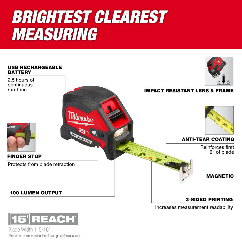 Milwaukee 48-22-0428 25' Compact Wide Blade Magnetic Tape Measure with Rechargeable 100 Lumen Light