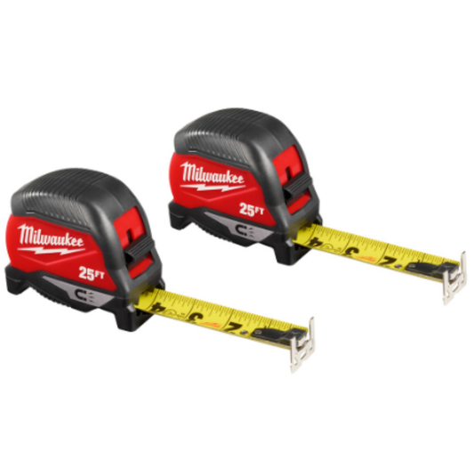 Milwaukee 48-22-1025MG 25 ft. x 1 -inch Compact Magnetic Tape Measure with 15 ft. Reach (2-Pack)