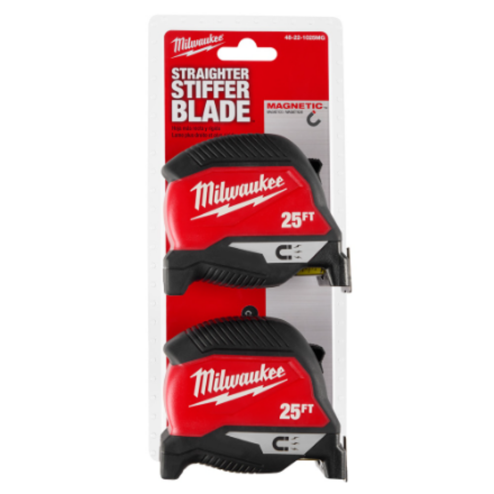 Milwaukee 48-22-1025MG 25 ft. x 1 -inch Compact Magnetic Tape Measure with 15 ft. Reach (2-Pack)