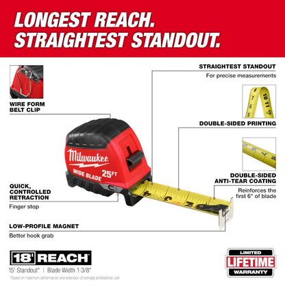 Milwaukee 48-22-1225M 25' Wide Blade Magnetic Tape Measure