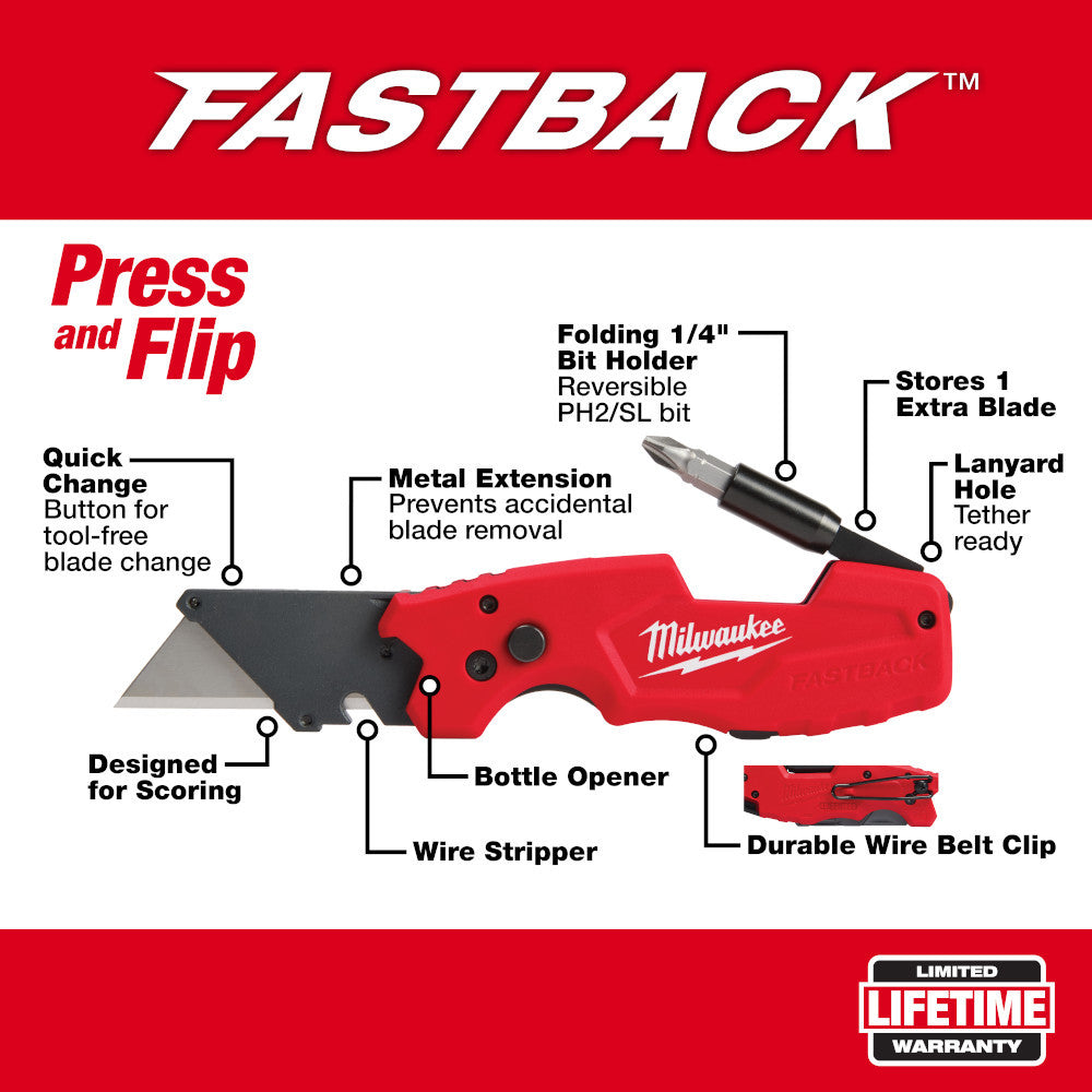 Milwaukee 48-22-1505 Tool FASTBACK 6-in-1 Folding Knife with 3 -inch Blade