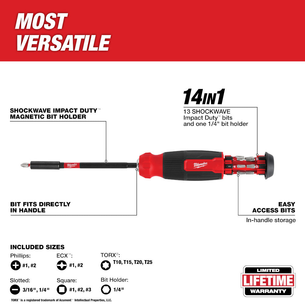 Milwaukee 48-22-2915 14-in-1 Multi-Bit Screwdriver with SHOCKWAVE Impact Duty Bits