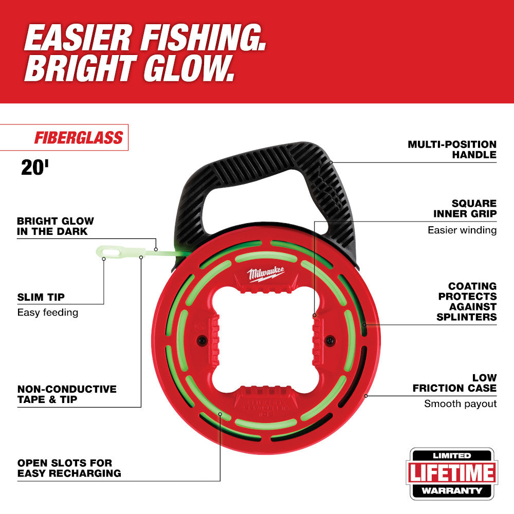 Milwaukee 48-22-4182 20' Fibreglass Glow Fish Tape