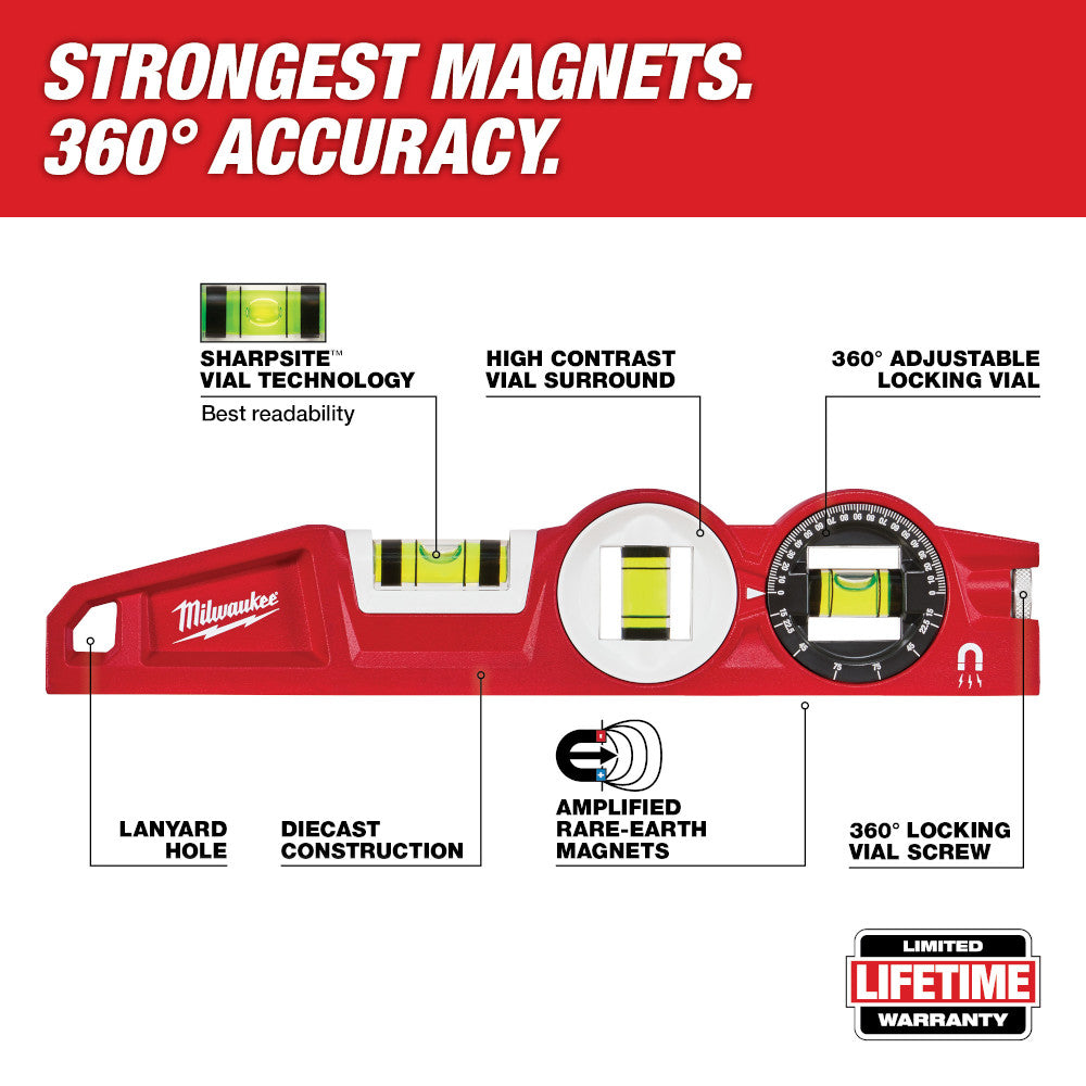 Milwaukee 48-22-5210 10in Die Cast Block Torpedo Level with 360 Degree Locking Vial
