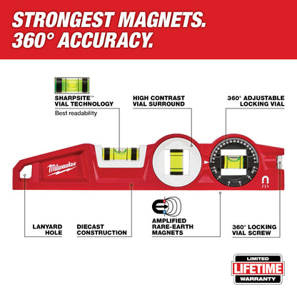Milwaukee 48-22-5210 10in Die Cast Block Torpedo Level with 360 Degree Locking Vial
