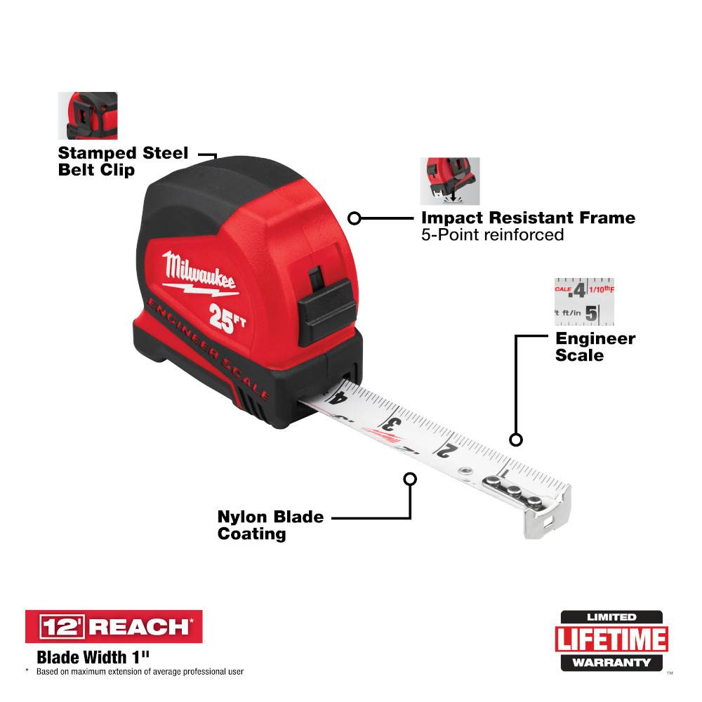 Milwaukee 48-22-6625B 25' Compact Tape Measure with Engineer Scale