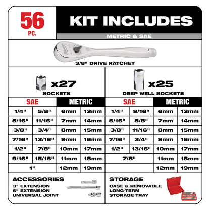 Milwaukee 48-22-9008 Tool 3/8 -inch Drive SAE/Metric Ratchet and Socket Mechanics Tool Set (56-Piece)