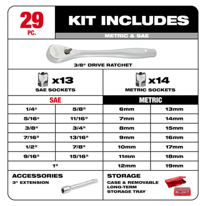 Milwaukee 48-22-9088 29pc Metric & SAE 3/8in Drive Ratchet & Socket Set with FOUR FLAT SIDES
