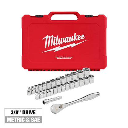 Milwaukee 48-22-9088 29pc Metric & SAE 3/8in Drive Ratchet & Socket Set with FOUR FLAT SIDES