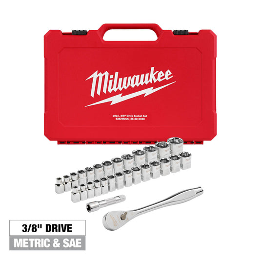 Milwaukee 48-22-9088 29pc Metric & SAE 3/8in Drive Ratchet & Socket Set with FOUR FLAT SIDES