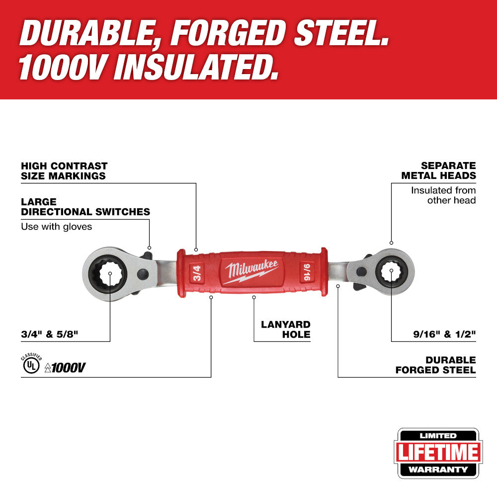 Milwaukee 48-22-9212 Lineman's 4-In-1 Insulated Ratcheting Box Wrench
