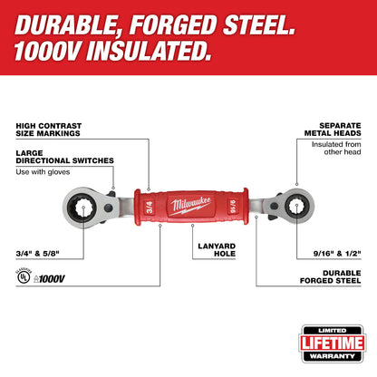 Milwaukee 48-22-9212 Lineman's 4-In-1 Insulated Ratcheting Box Wrench