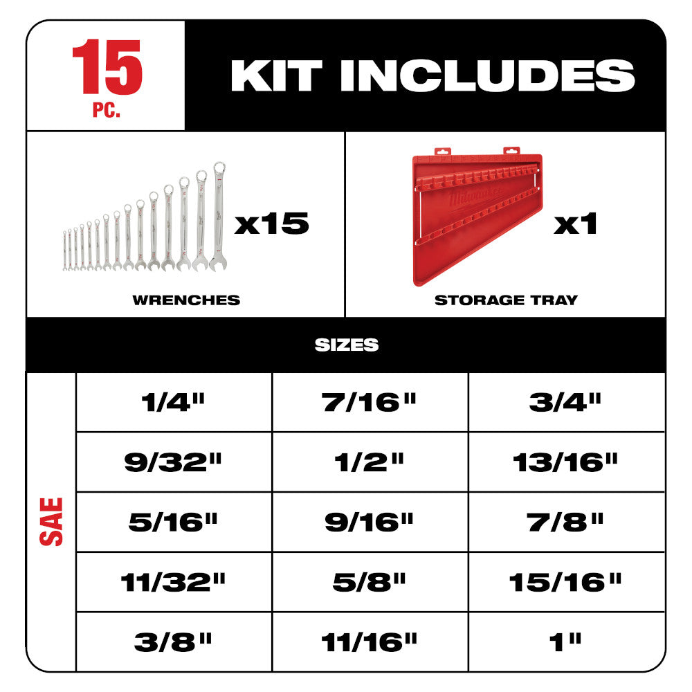 Milwaukee 48-22-9415 15pc SAE Combination Wrench Set
