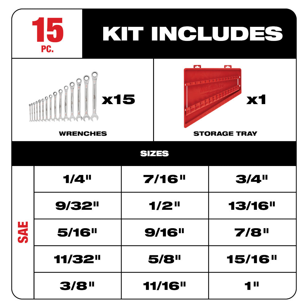 Milwaukee 48-22-9416 15pc SAE Ratcheting Combination Wrench Set