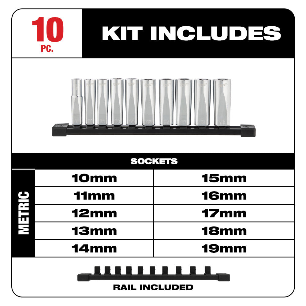 Milwaukee 48-22-9505 10pc Metric 3/8in Drive Deep Well Socket Set