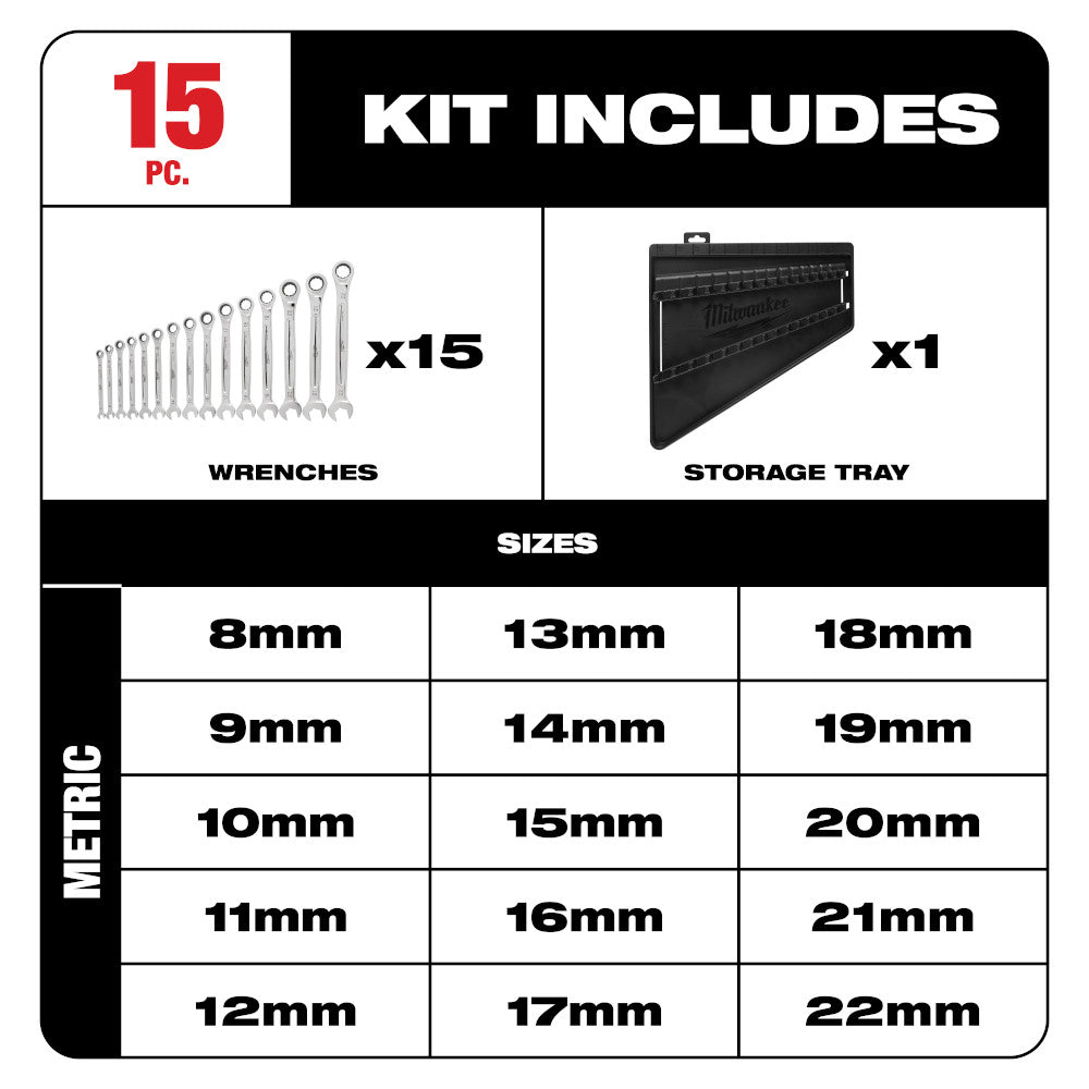 Milwaukee 48-22-9516 15pc Metric Ratcheting Combination Wrench Set
