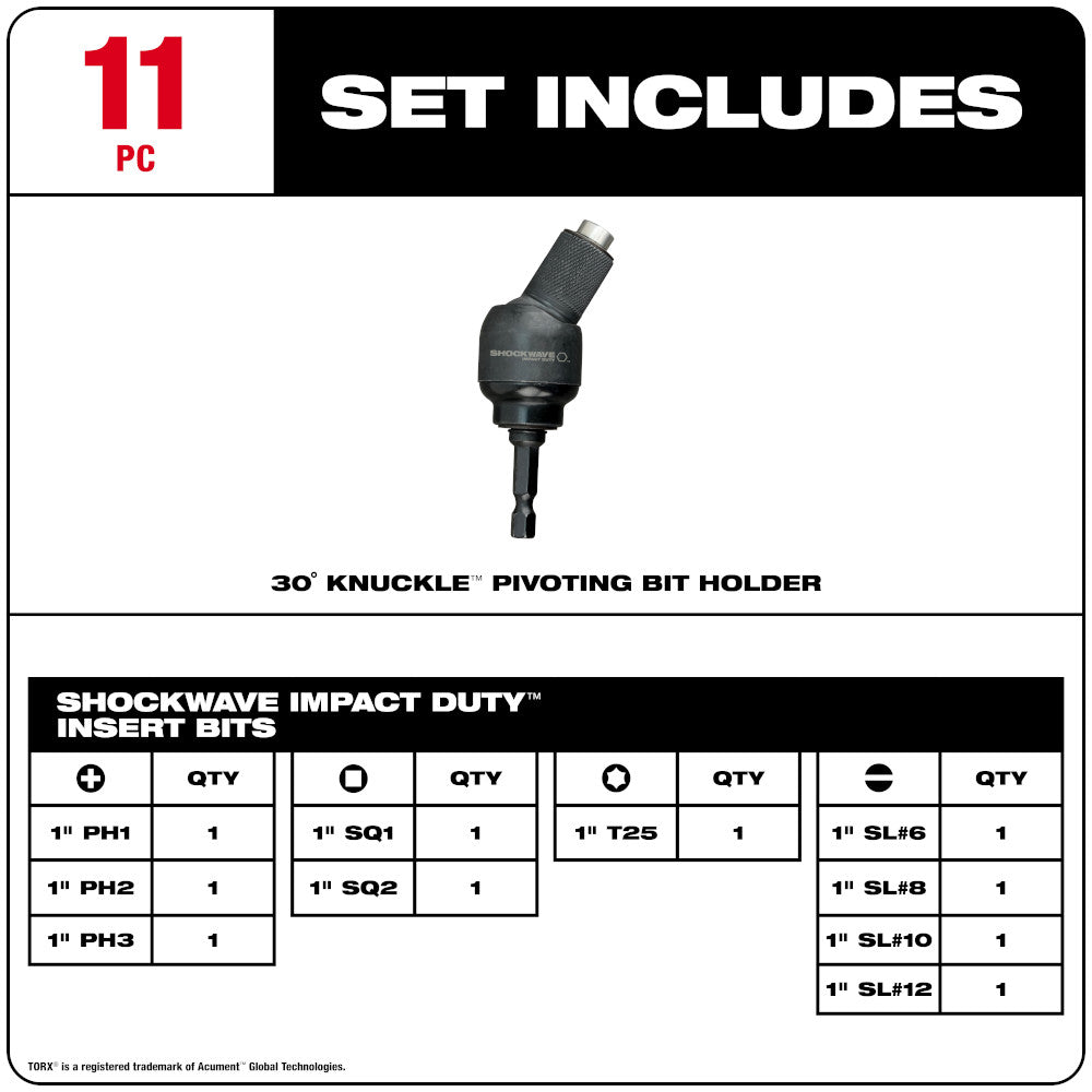 Milwaukee 48-32-2301 11pc SHOCKWAVE Impact Duty 30° KNUCKLE Pivoting Bit Holder Set