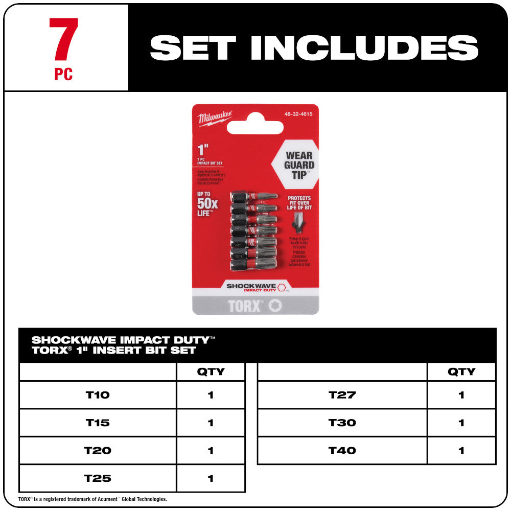 Milwaukee 48-32-4615 7pc SHOCKWAVE Impact Duty 1in TORX Insert Bit Set