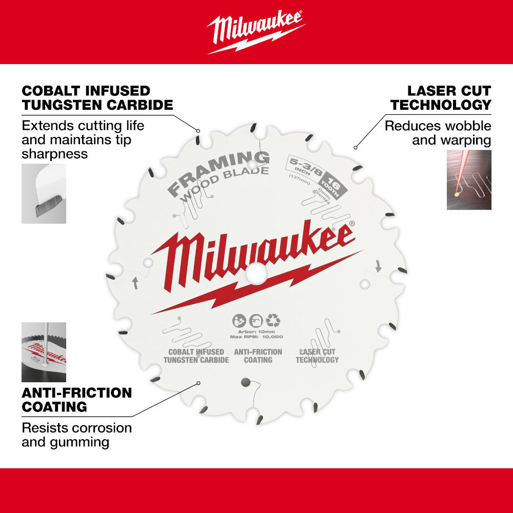 Milwaukee 48-40-0522 5-3/8in x 16T Framing Wood Cutting Circular Saw Blade