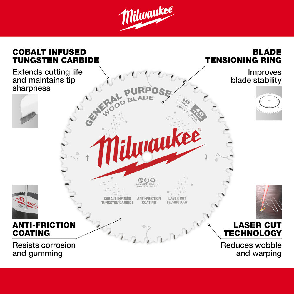 Milwaukee 48-40-1024 10in x 40T General Purpose Wood Cutting Circular Saw Blade
