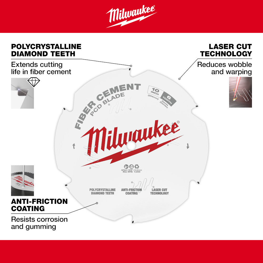 Milwaukee 48-40-7010 10in x 6T PCD / Fibre Cement Cutting Circular Saw Blade