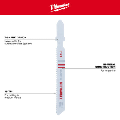 Milwaukee 48-42-5121 3in x 18 TPI Bi-Metal Jig Saw Blades - 5pk