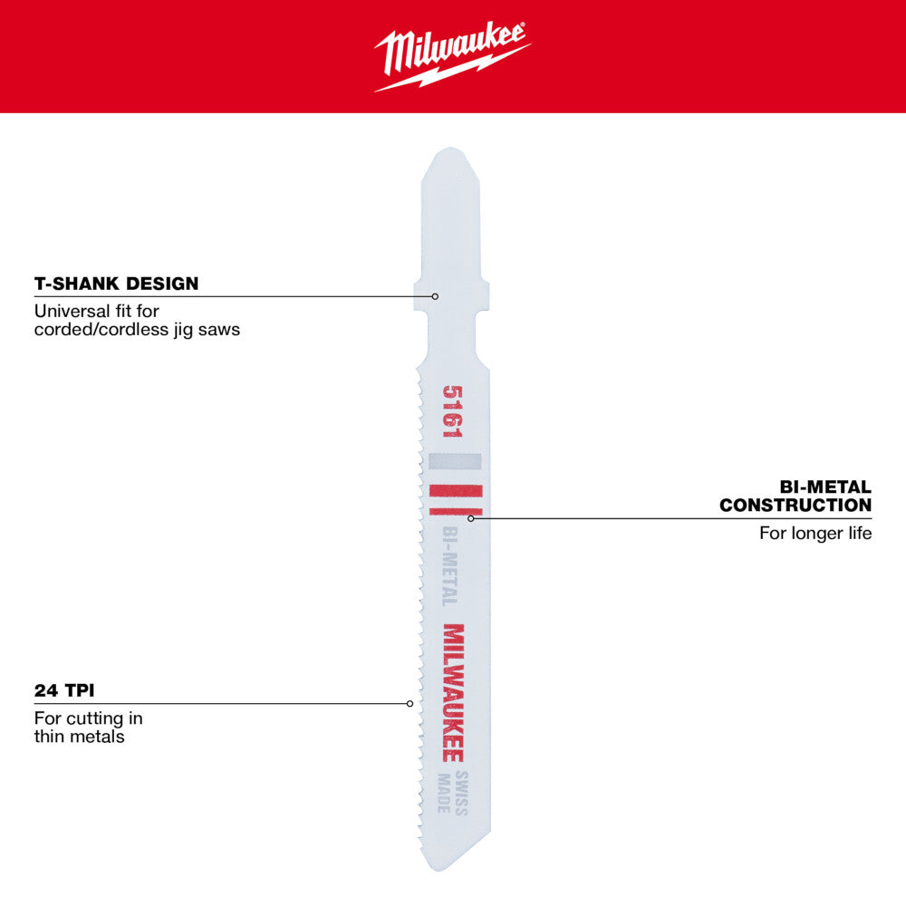 Milwaukee 48-42-5161 3in x 24 TPI Bi-Metal Jig Saw Blades - 5pk