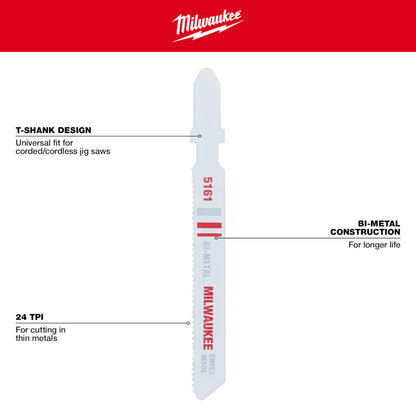 Milwaukee 48-42-5161 3in x 24 TPI Bi-Metal Jig Saw Blades - 5pk
