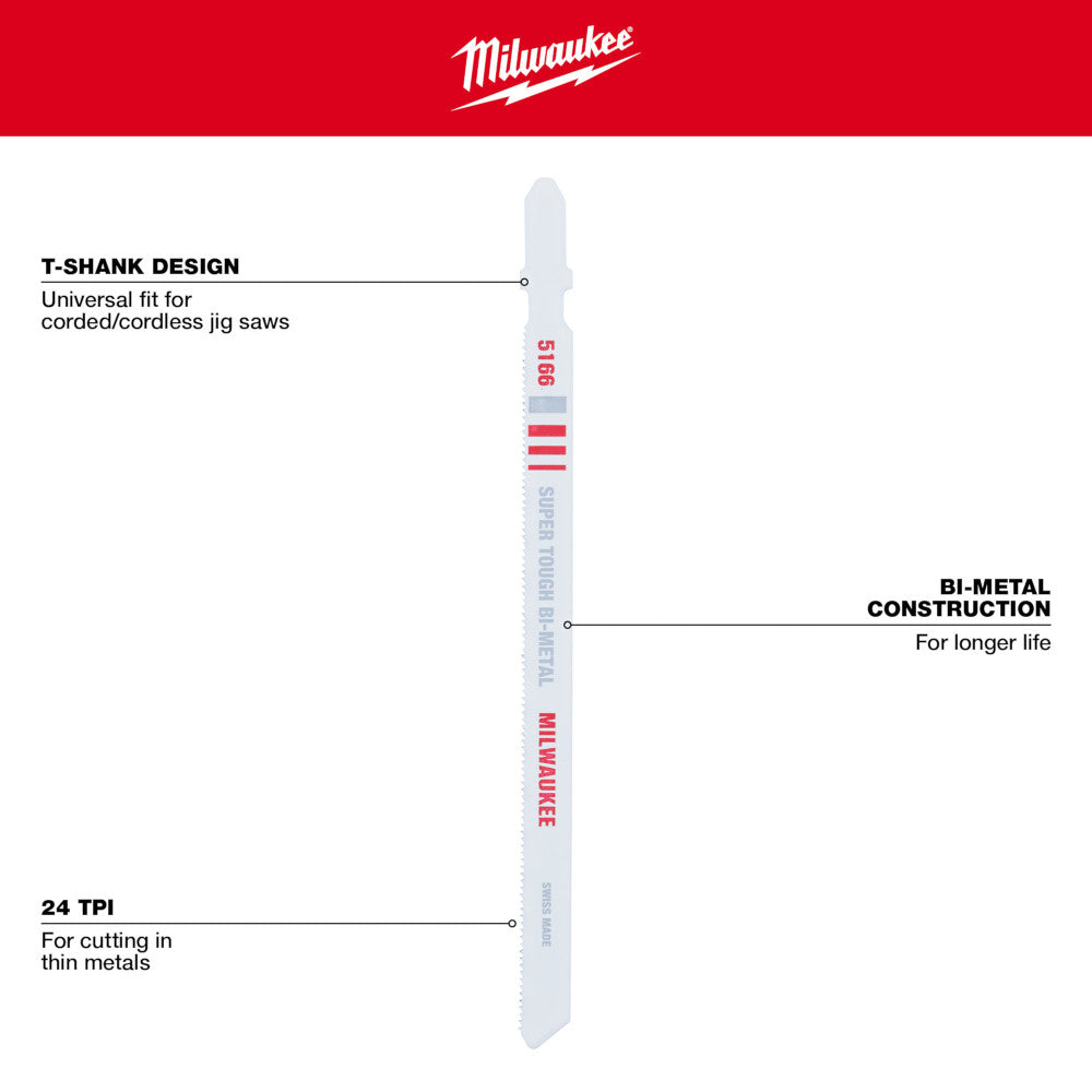 Milwaukee 48-42-5166 5-1/4in x 24 TPI Bi-Metal Jig Saw Blades - 5pk