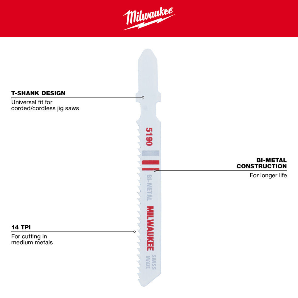 Milwaukee 48-42-5190 3in x 14 TPI Bi-Metal Jig Saw Blades - 5pk