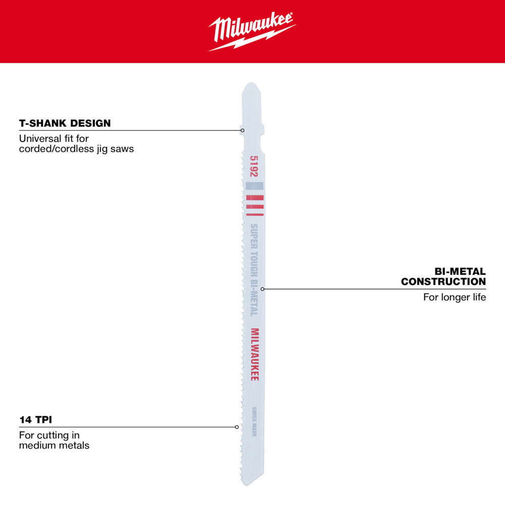 Milwaukee 48-42-5192 5-1/4in x 14 TPI Bi-Metal Jig Saw Blades - 5pk