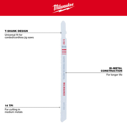 Milwaukee 48-42-5192 5-1/4in x 14 TPI Bi-Metal Jig Saw Blades - 5pk