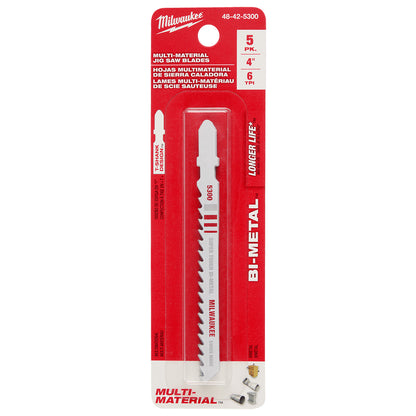 Milwaukee 48-42-5300 4in x 6 TPI Bi-Metal Multi-Material Cutting Jig Saw Blades - 5pk