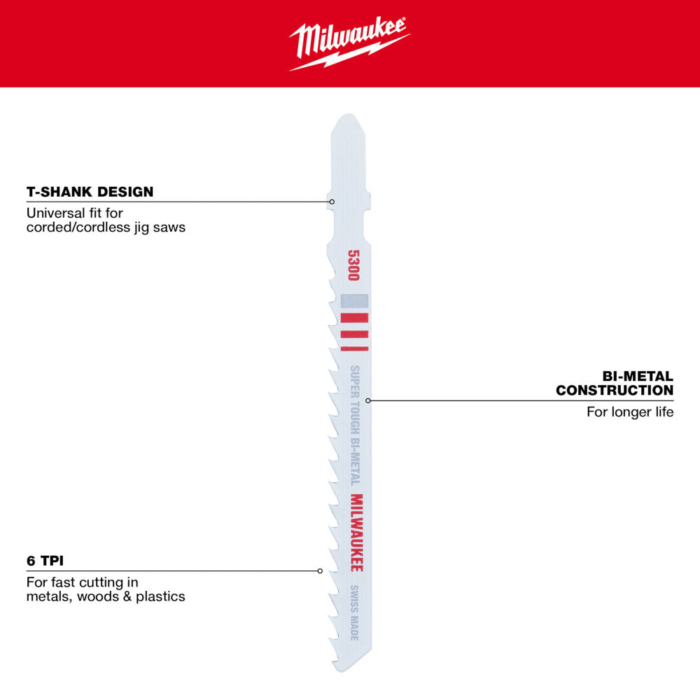 Milwaukee 48-42-5300 4in x 6 TPI Bi-Metal Multi-Material Cutting Jig Saw Blades - 5pk