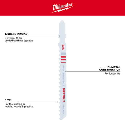 Milwaukee 48-42-5300 4in x 6 TPI Bi-Metal Multi-Material Cutting Jig Saw Blades - 5pk
