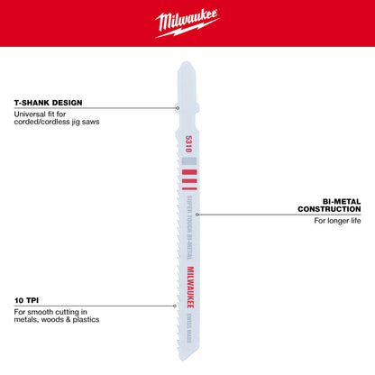 Milwaukee 48-42-5310 4in x 10 TPI Bi-Metal Multi-Material Cutting Jig Saw Blades - 5pk