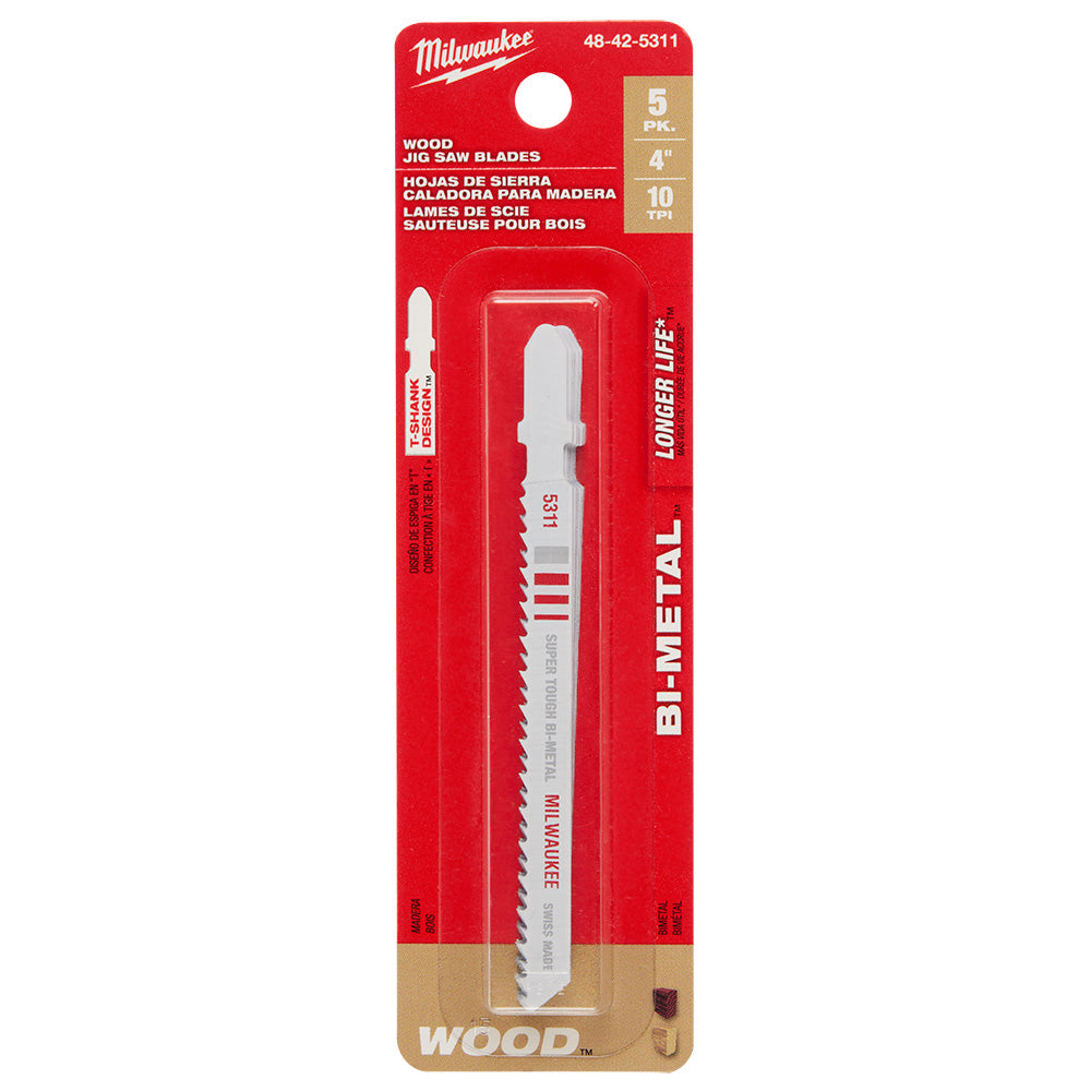 Milwaukee 48-42-5311 4in x 10 TPI Bi-Metal Wood Cutting Jig Saw Blades - 5pk