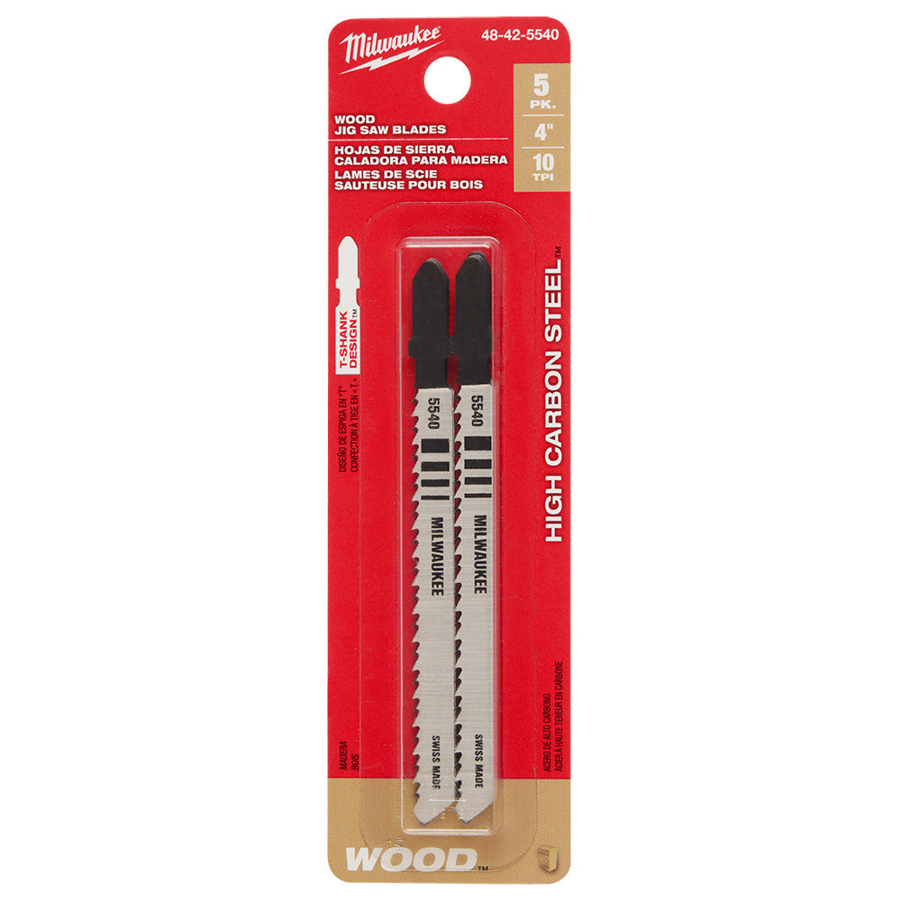 Milwaukee 48-42-5540 4in x 10 TPI HCS Wood Cutting Jig Saw Blades - 5pk