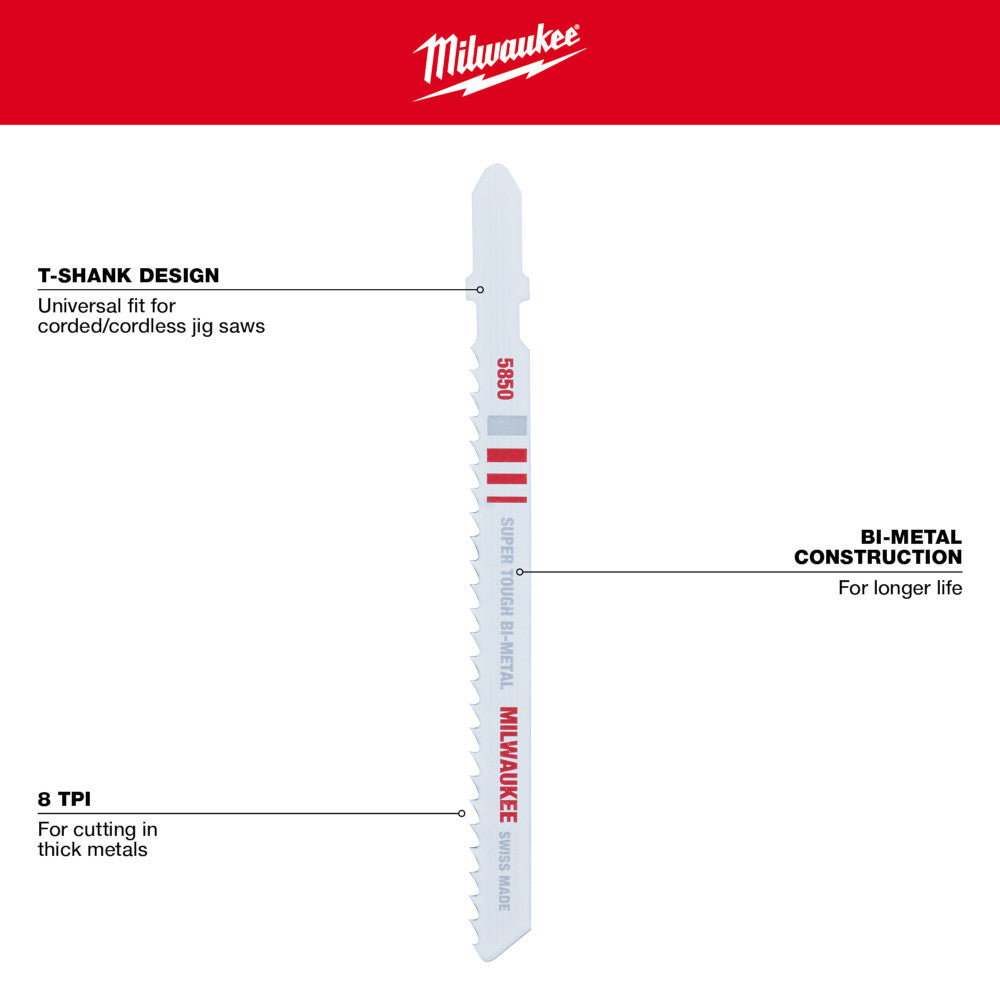 Milwaukee 48-42-5850 4in x 8 TPI Bi-Metal Cutting Multi-Material Cutting Jig Saw Blades - 5pk