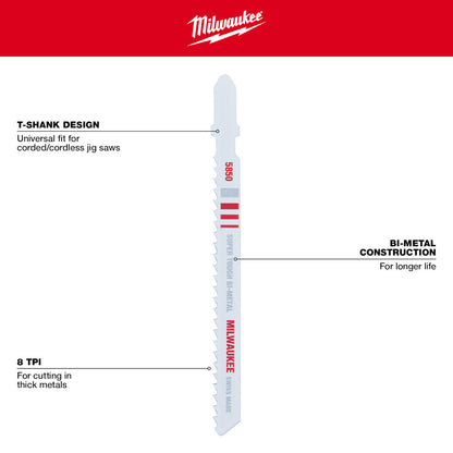 Milwaukee 48-42-5850 4in x 8 TPI Bi-Metal Cutting Multi-Material Cutting Jig Saw Blades - 5pk