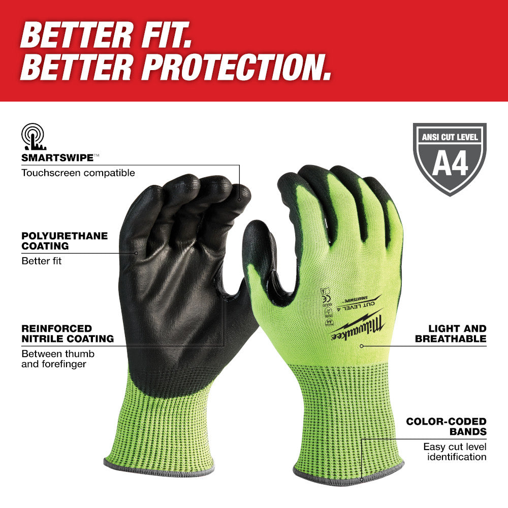 Milwaukee 48-73-8941 Cut Level 4 High Visibility Polyurethane Dipped Gloves - Medium