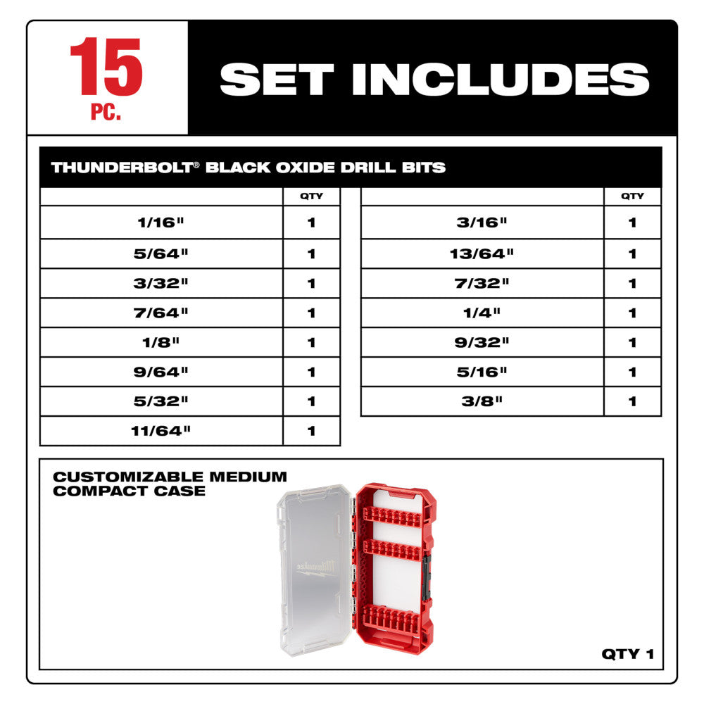 Milwaukee 48-89-2803 15pc Thunderbolt Black Oxide Jobber Length Drill Bit Set