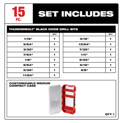 Milwaukee 48-89-2803 15pc Thunderbolt Black Oxide Jobber Length Drill Bit Set