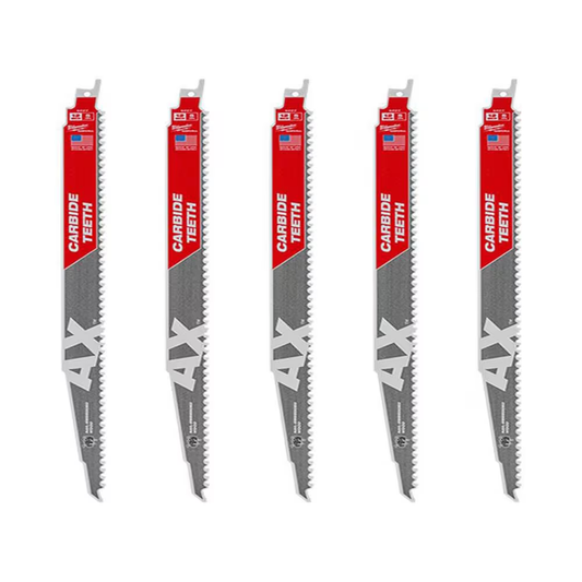Milwaukee 48-00-5527 12-inch 5TPI AX Carbide Teeth Demolition Nail Embedded Wood SAWZALL Reciprocating Saw Blades (5 Pack)
