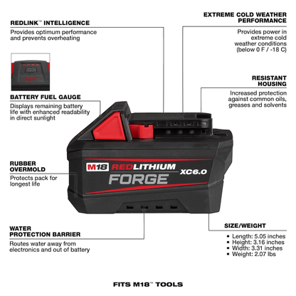 Milwaukee 48-59-1861 18V M18 Lithium-Ion Extended Capacity (XC) 6.0 Ah REDLITHIUM FORGE Battery with Dual Bay Super Charger