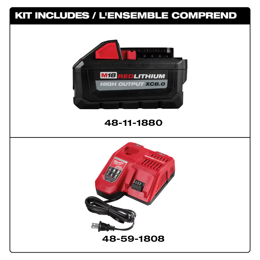 Milwaukee 48-59-1880 18V M18 Lithium-Ion Extended Capacity (XC) 8.0 Ah REDLITHIUM HIGH OUTPUT Battery with Multi-Voltage Rapid Charger